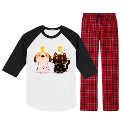 Cute Puppy and Kitten Christmas Lights Raglan Sleeve Pajama Set