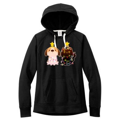 Cute Puppy and Kitten Christmas Lights Women's Fleece Hoodie