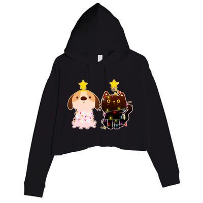 Cute Puppy and Kitten Christmas Lights Crop Fleece Hoodie