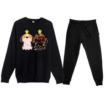 Cute Puppy and Kitten Christmas Lights Premium Crewneck Sweatsuit Set