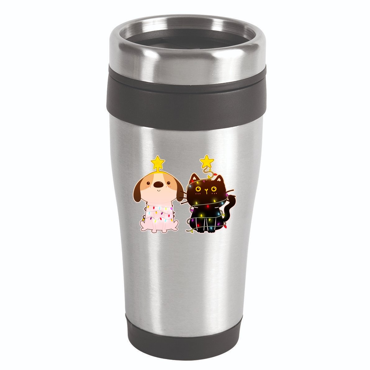 Cute Puppy and Kitten Christmas Lights 16oz Travel Tumbler