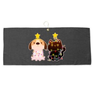 Cute Puppy and Kitten Christmas Lights Large Microfiber Waffle Golf Towel