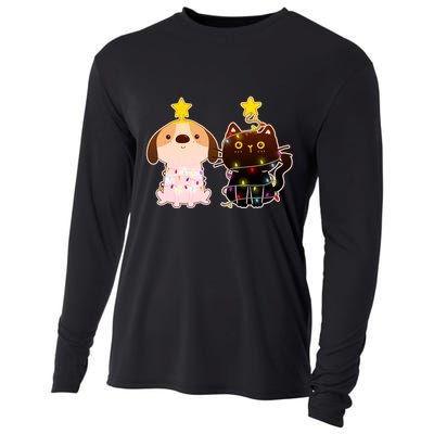 Cute Puppy and Kitten Christmas Lights Cooling Performance Long Sleeve Crew