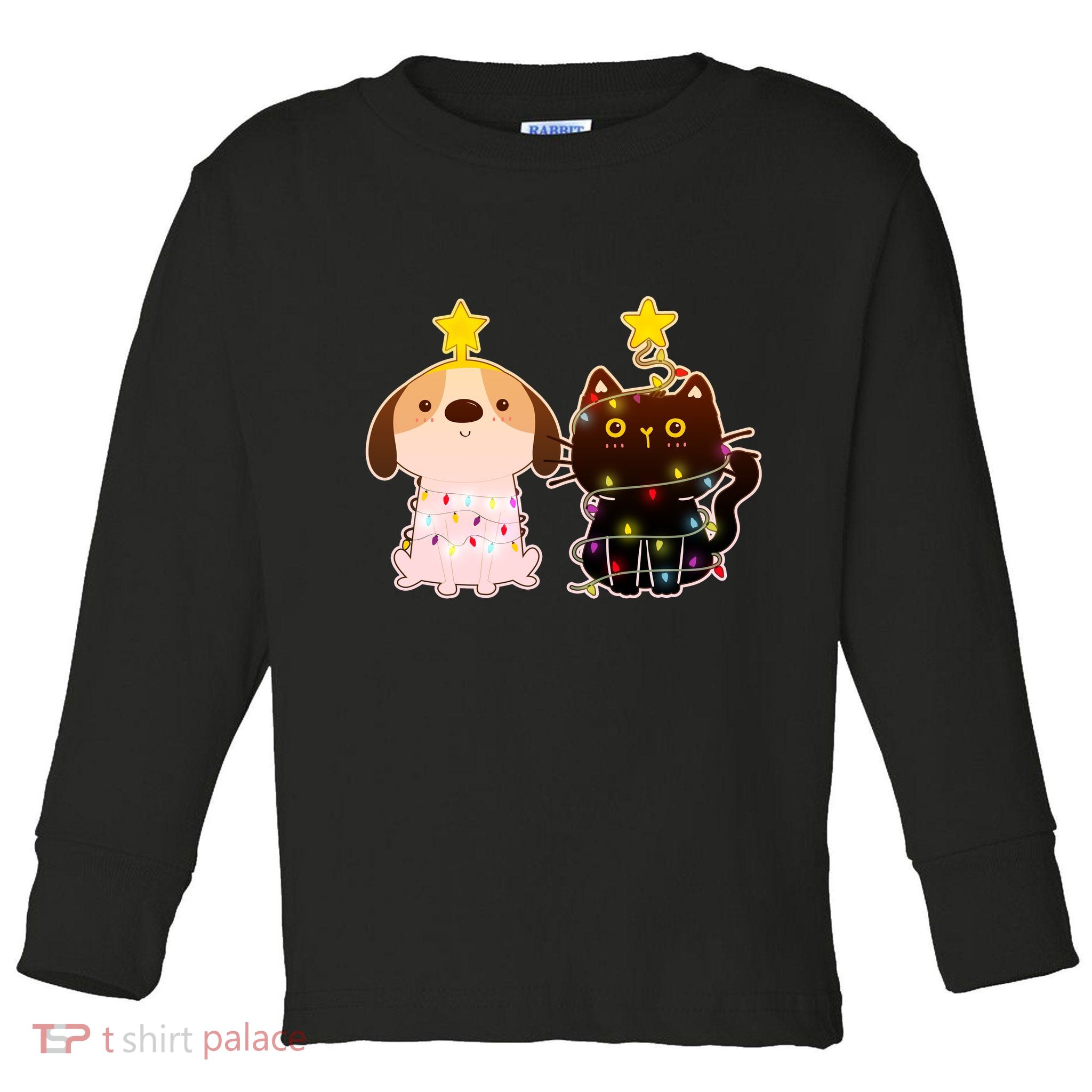 Cute Puppy and Kitten Christmas Lights Toddler Long Sleeve Shirt