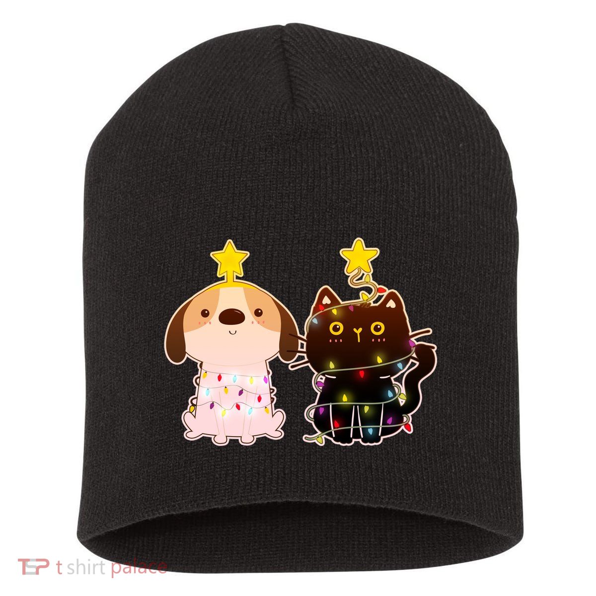 Cute Puppy and Kitten Christmas Lights Short Acrylic Beanie