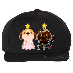 Cute Puppy and Kitten Christmas Lights Wool Snapback Cap