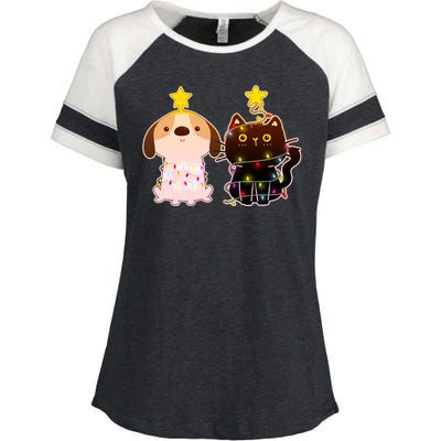 Cute Puppy and Kitten Christmas Lights Enza Ladies Jersey Colorblock Tee