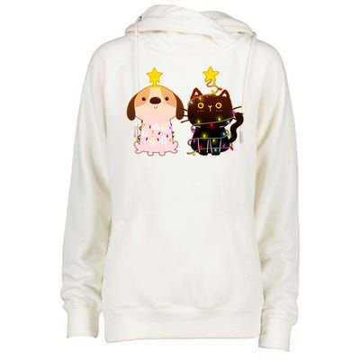 Cute Puppy and Kitten Christmas Lights Womens Funnel Neck Pullover Hood