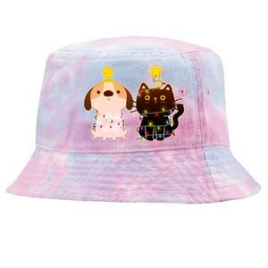 Cute Puppy and Kitten Christmas Lights Tie-Dyed Bucket Hat