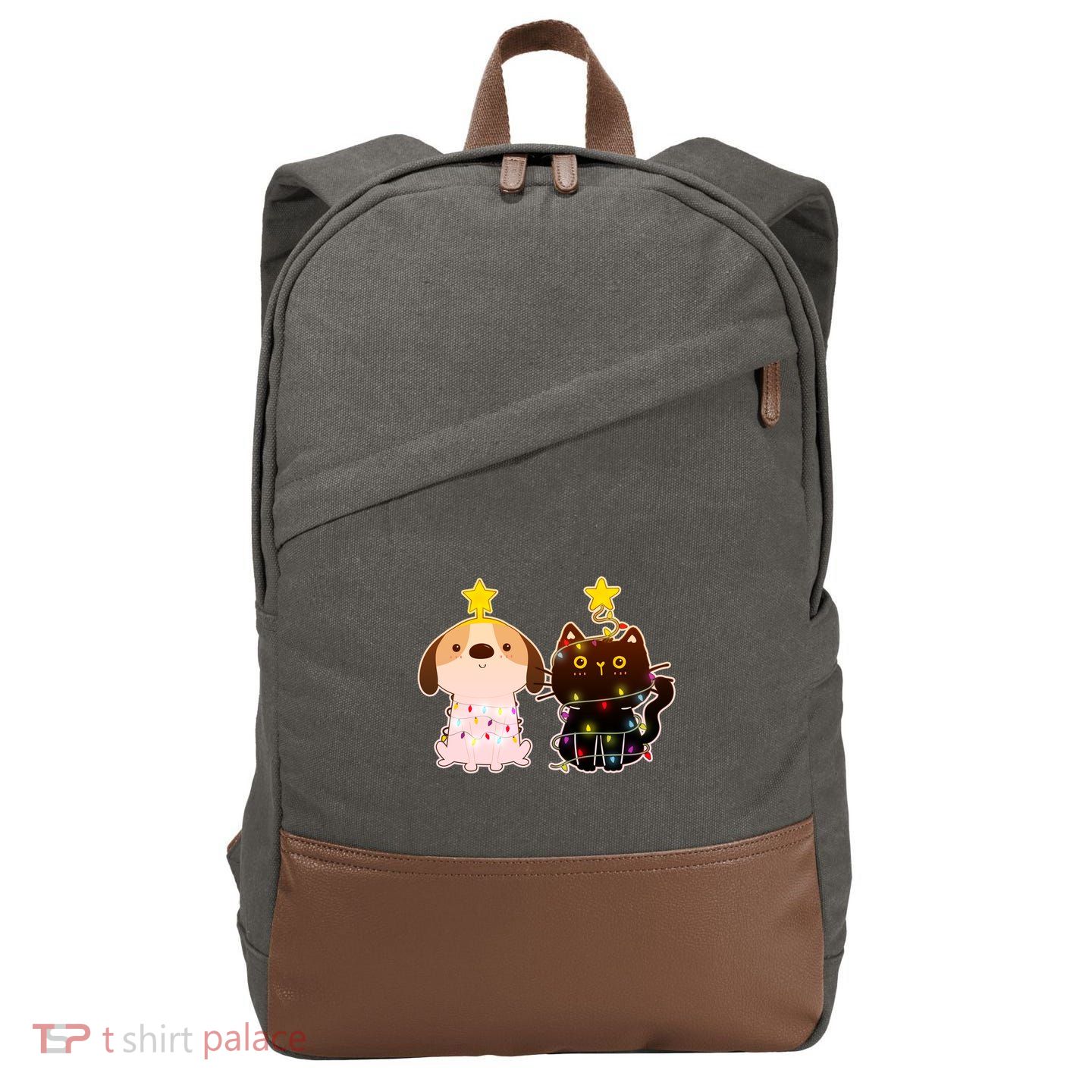 Cute Puppy and Kitten Christmas Lights Cotton Canvas Backpack