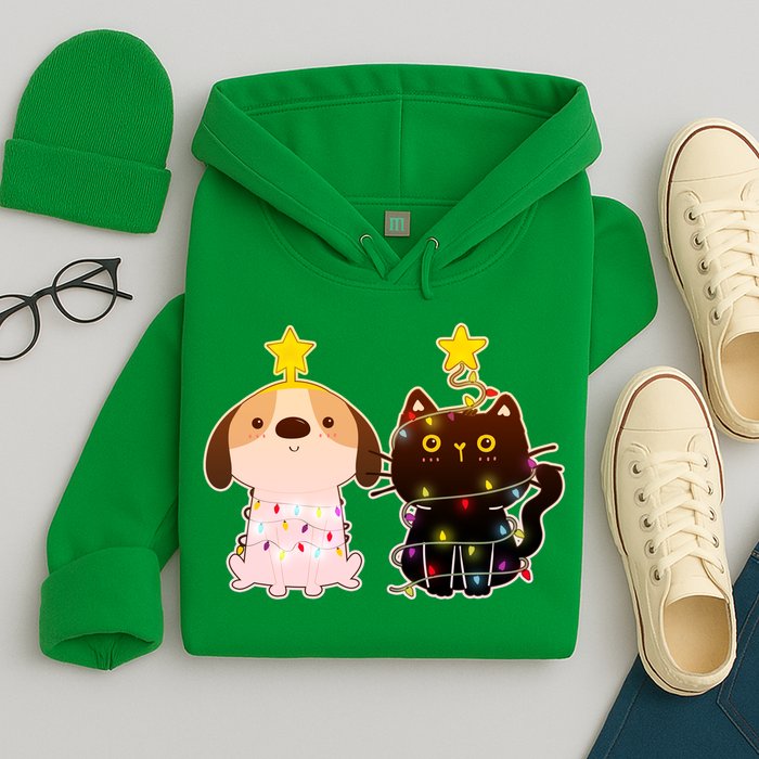 Cute Puppy and Kitten Christmas Lights Hoodie