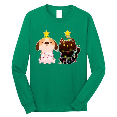 Cute Puppy and Kitten Christmas Lights Long Sleeve Shirt