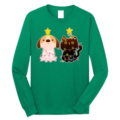 Cute Puppy and Kitten Christmas Lights Long Sleeve Shirt