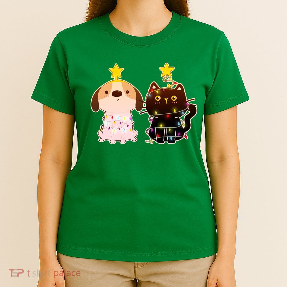 Cute Puppy and Kitten Christmas Lights T-Shirt