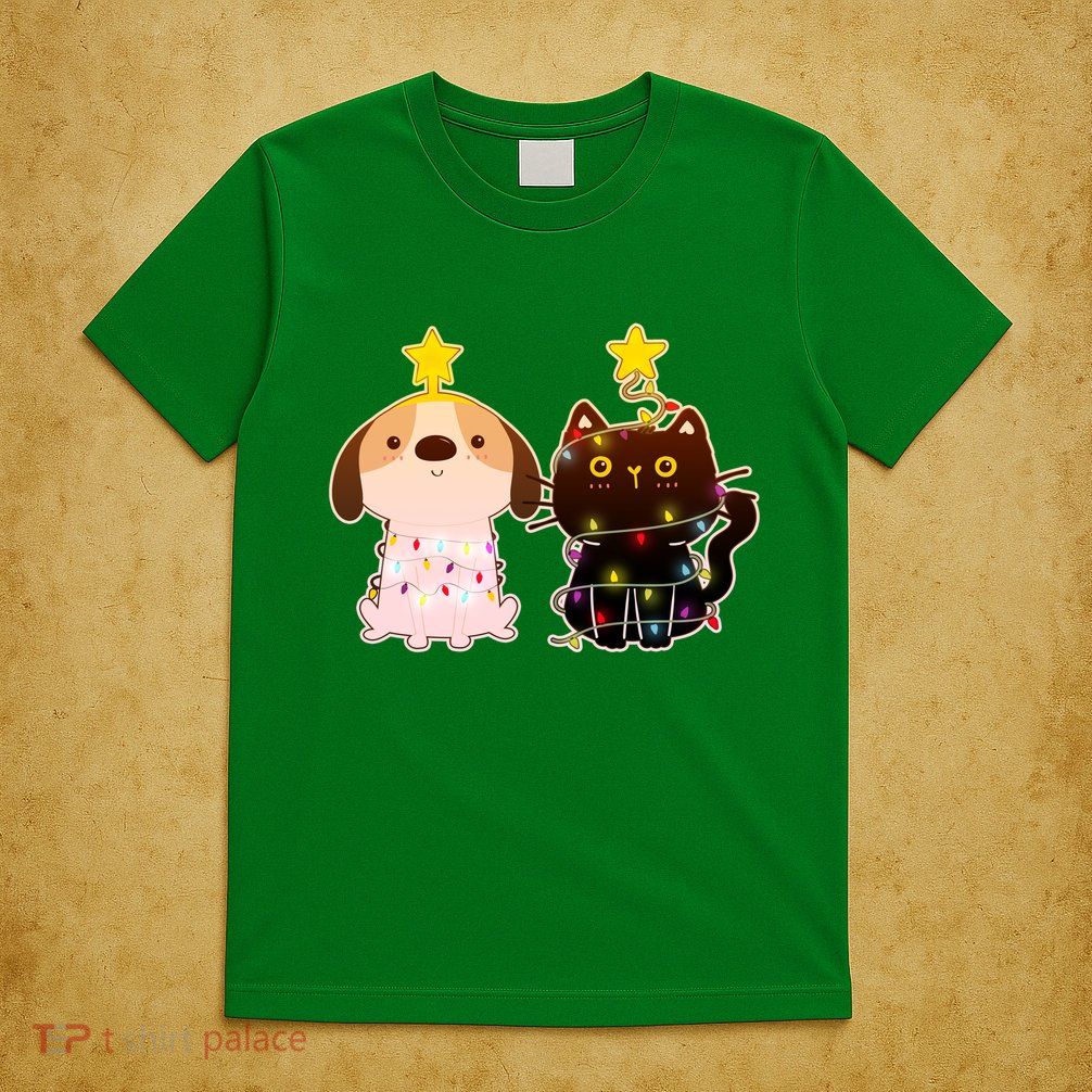Cute Puppy and Kitten Christmas Lights T-Shirt