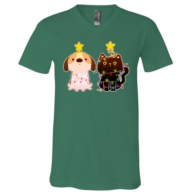 Cute Puppy and Kitten Christmas Lights V-Neck T-Shirt