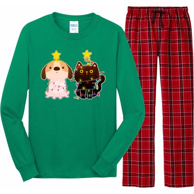 Cute Puppy and Kitten Christmas Lights Long Sleeve Pajama Set