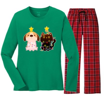 Cute Puppy and Kitten Christmas Lights Women's Long Sleeve Flannel Pajama Set 