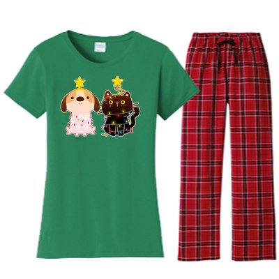 Cute Puppy and Kitten Christmas Lights Women's Flannel Pajama Set