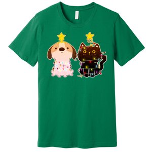 Cute Puppy and Kitten Christmas Lights Premium T-Shirt