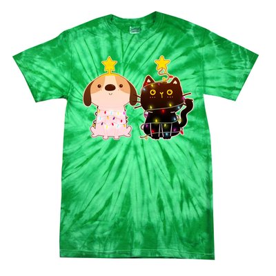 Cute Puppy and Kitten Christmas Lights Tie-Dye T-Shirt