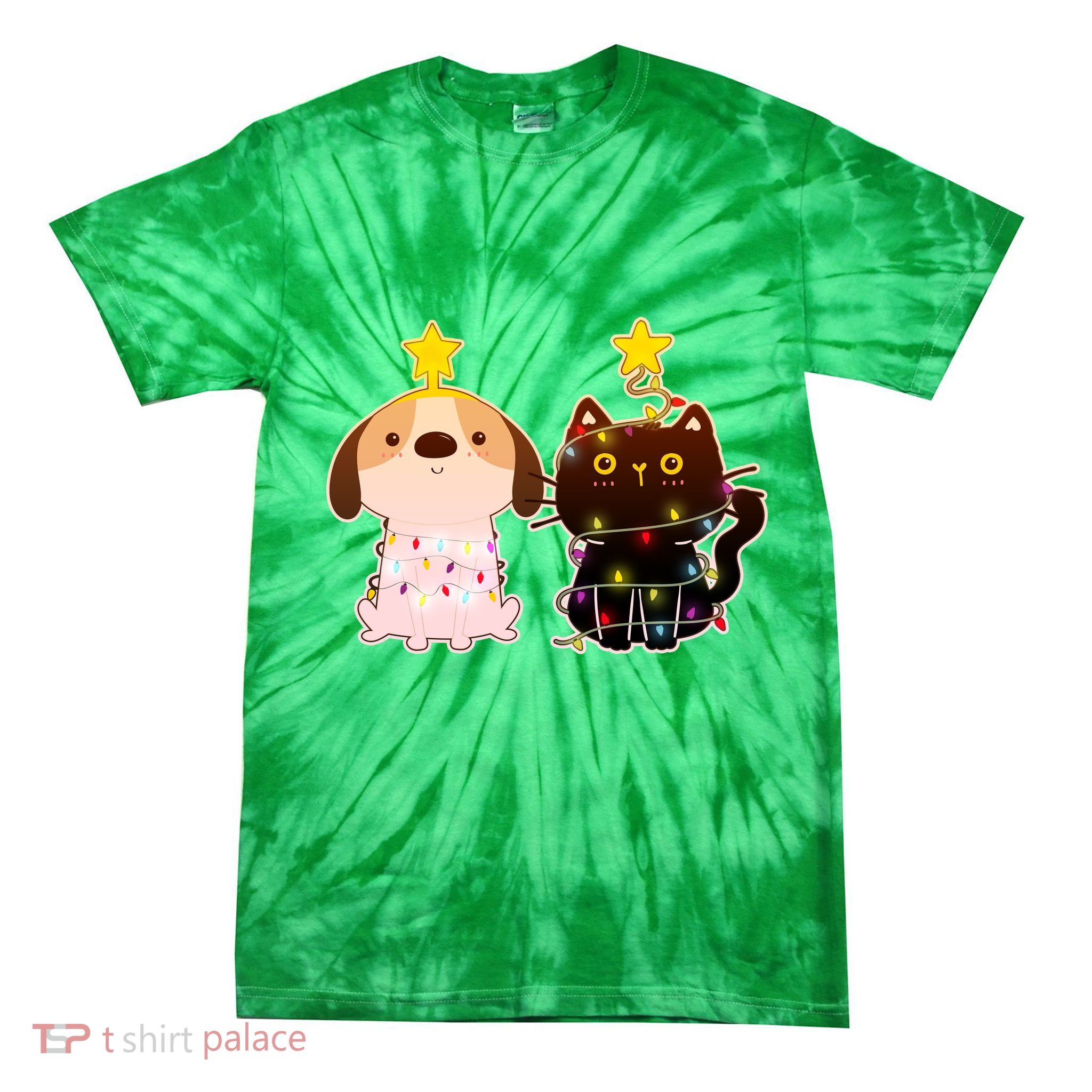 Cute Puppy and Kitten Christmas Lights Tie-Dye T-Shirt