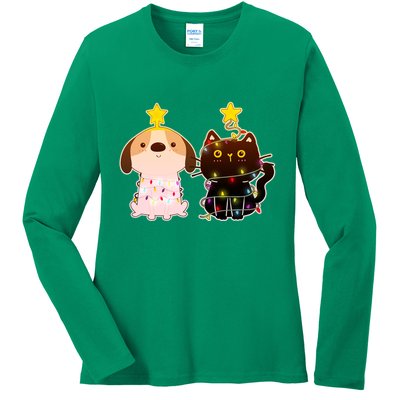 Cute Puppy and Kitten Christmas Lights Ladies Long Sleeve Shirt