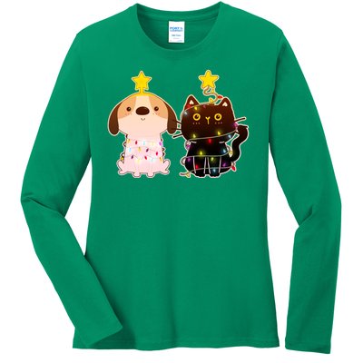 Cute Puppy and Kitten Christmas Lights Ladies Long Sleeve Shirt