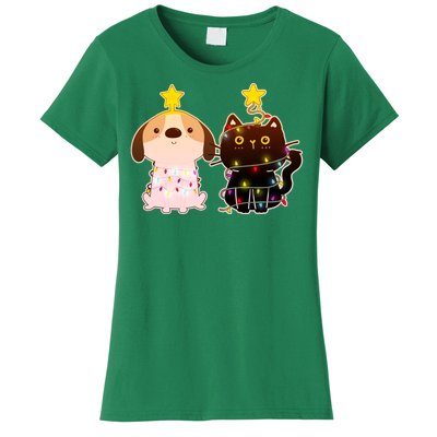 Cute Puppy and Kitten Christmas Lights Women's T-Shirt