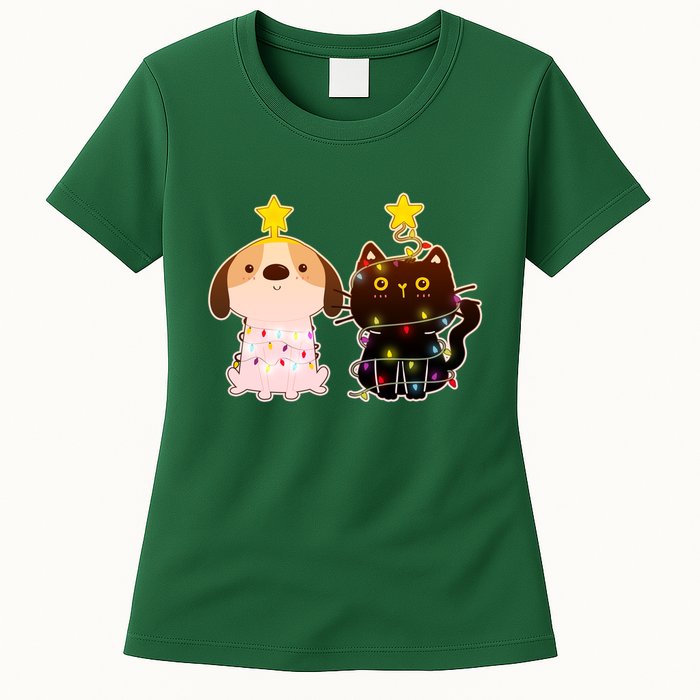 Cute Puppy and Kitten Christmas Lights Womens T-Shirt