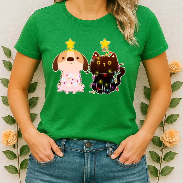 Cute Puppy and Kitten Christmas Lights Womens T-Shirt