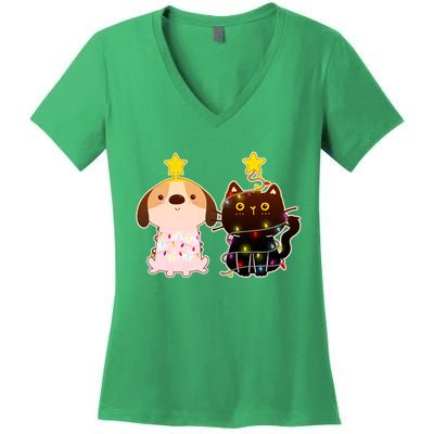 Cute Puppy and Kitten Christmas Lights Women's V-Neck T-Shirt