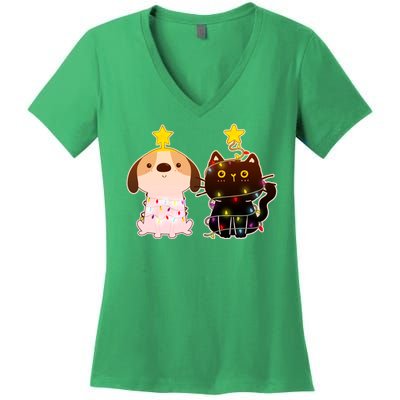 Cute Puppy and Kitten Christmas Lights Women's V-Neck T-Shirt