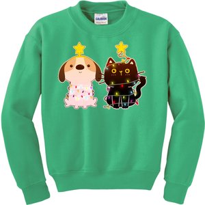 Cute Puppy and Kitten Christmas Lights Kids Sweatshirt