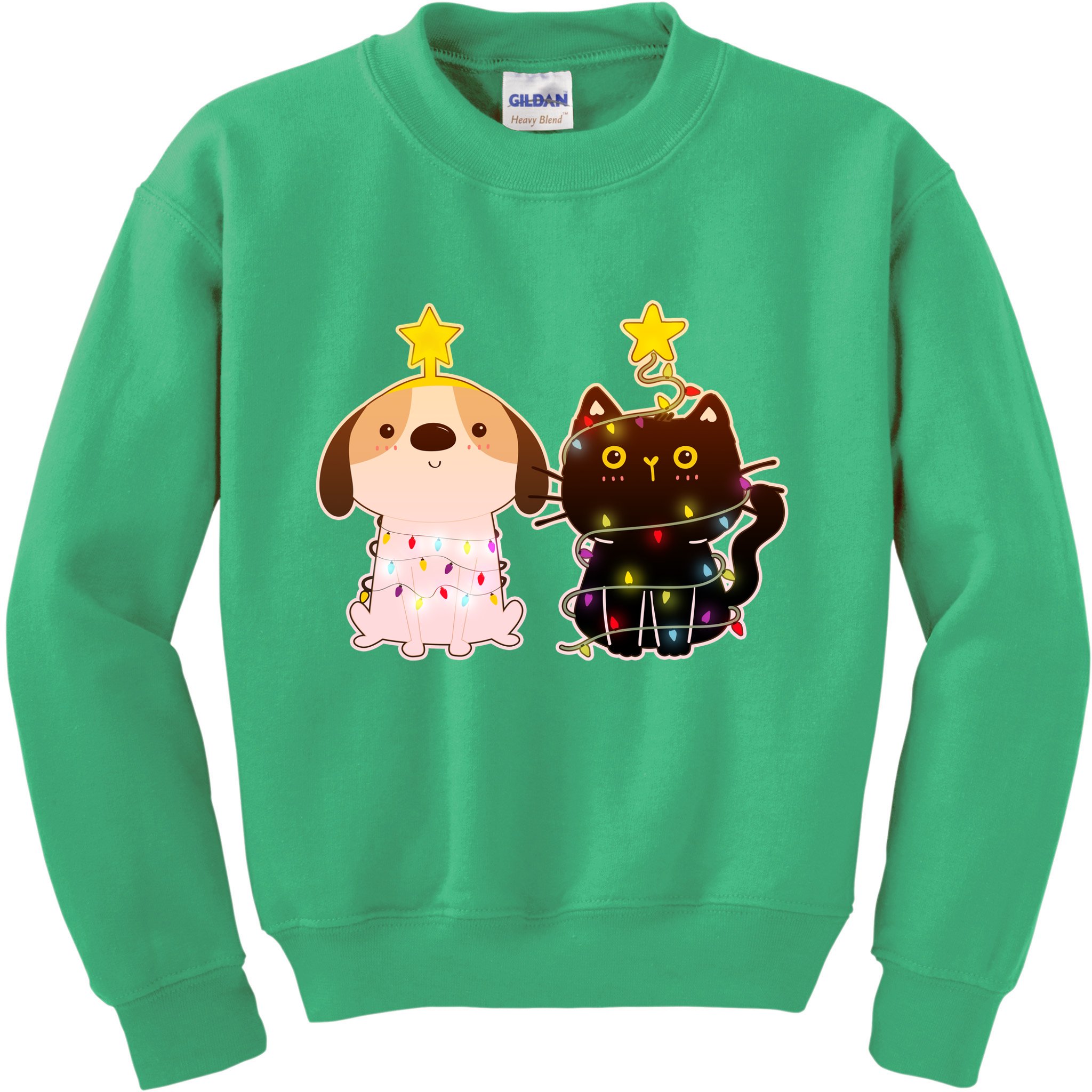 Cute Puppy and Kitten Christmas Lights Kids Sweatshirt