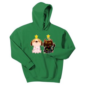 Cute Puppy and Kitten Christmas Lights Kids Hoodie