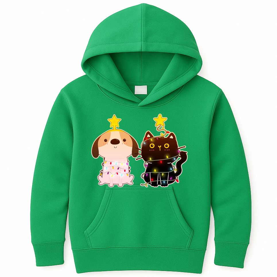Cute Puppy and Kitten Christmas Lights Kids Hoodie