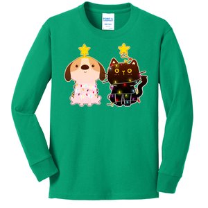 Cute Puppy and Kitten Christmas Lights Kids Long Sleeve Shirt