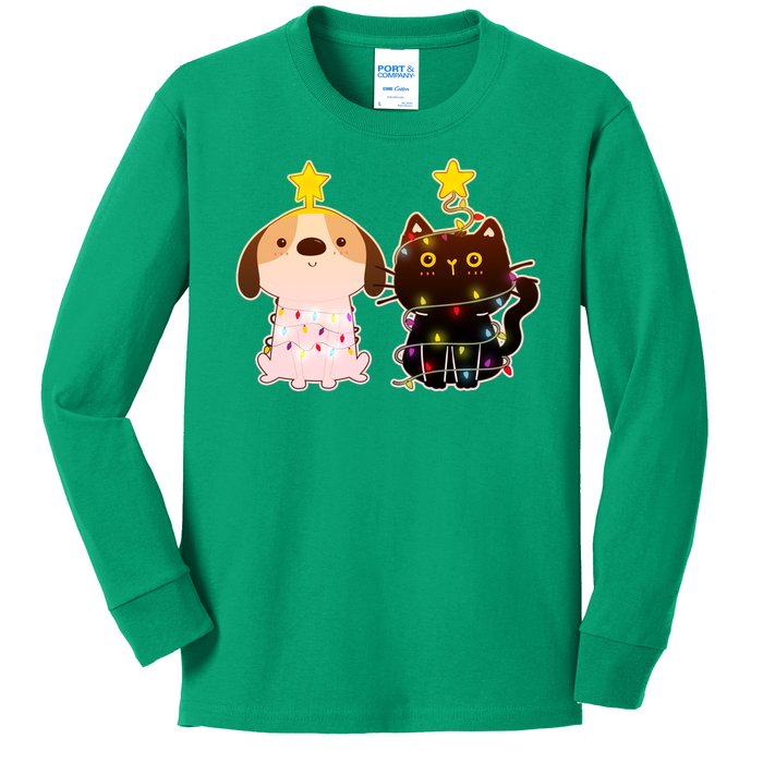 Cute Puppy and Kitten Christmas Lights Kids Long Sleeve Shirt