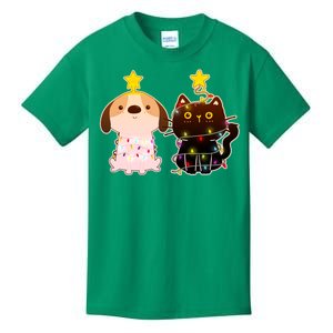 Cute Puppy and Kitten Christmas Lights Kids T-Shirt