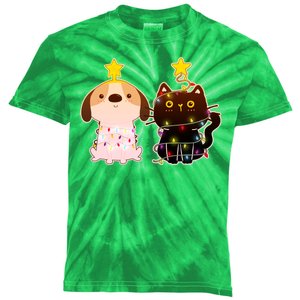 Cute Puppy and Kitten Christmas Lights Kids Tie-Dye T-Shirt