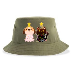 Cute Puppy and Kitten Christmas Lights Sustainable Bucket Hat