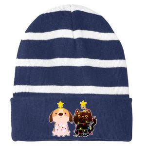 Cute Puppy and Kitten Christmas Lights Striped Beanie with Solid Band