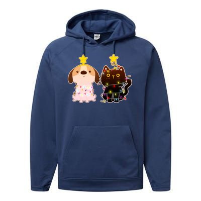 Cute Puppy and Kitten Christmas Lights Performance Fleece Hoodie