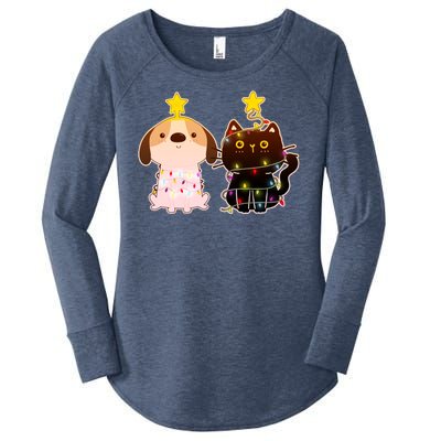 Cute Puppy and Kitten Christmas Lights Women's Perfect Tri Tunic Long Sleeve Shirt