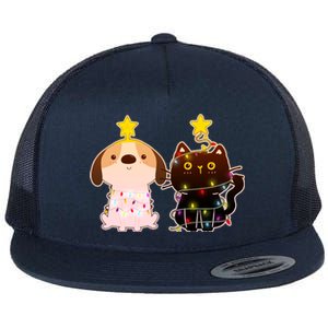 Cute Puppy and Kitten Christmas Lights Flat Bill Trucker Hat