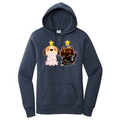 Cute Puppy and Kitten Christmas Lights Women's Pullover Hoodie