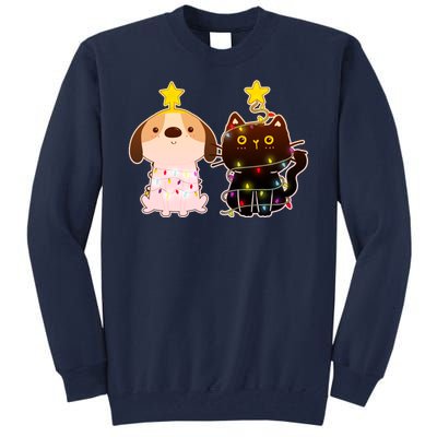 Cute Puppy and Kitten Christmas Lights Tall Sweatshirt