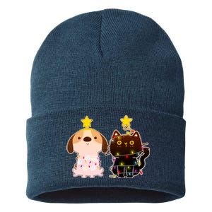 Cute Puppy and Kitten Christmas Lights Sustainable Knit Beanie