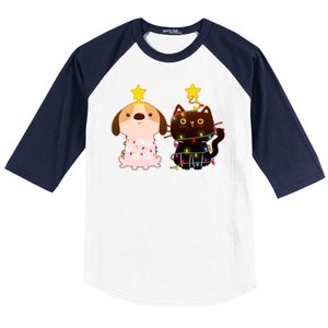 Cute Puppy and Kitten Christmas Lights Baseball Sleeve Shirt